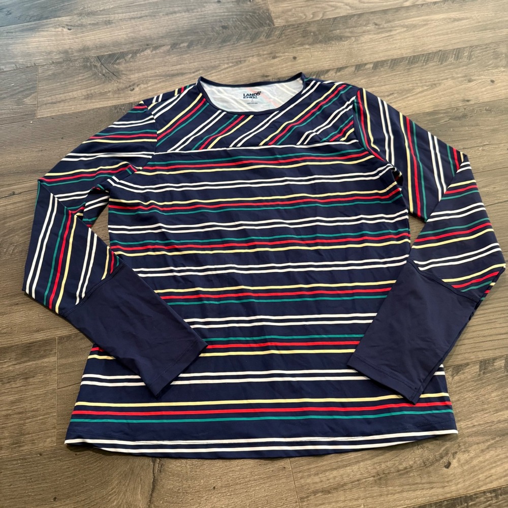 Lands End Womens Navy Multi Color Striped Long Sleeve Swim‎ Tee Rash Guard Small